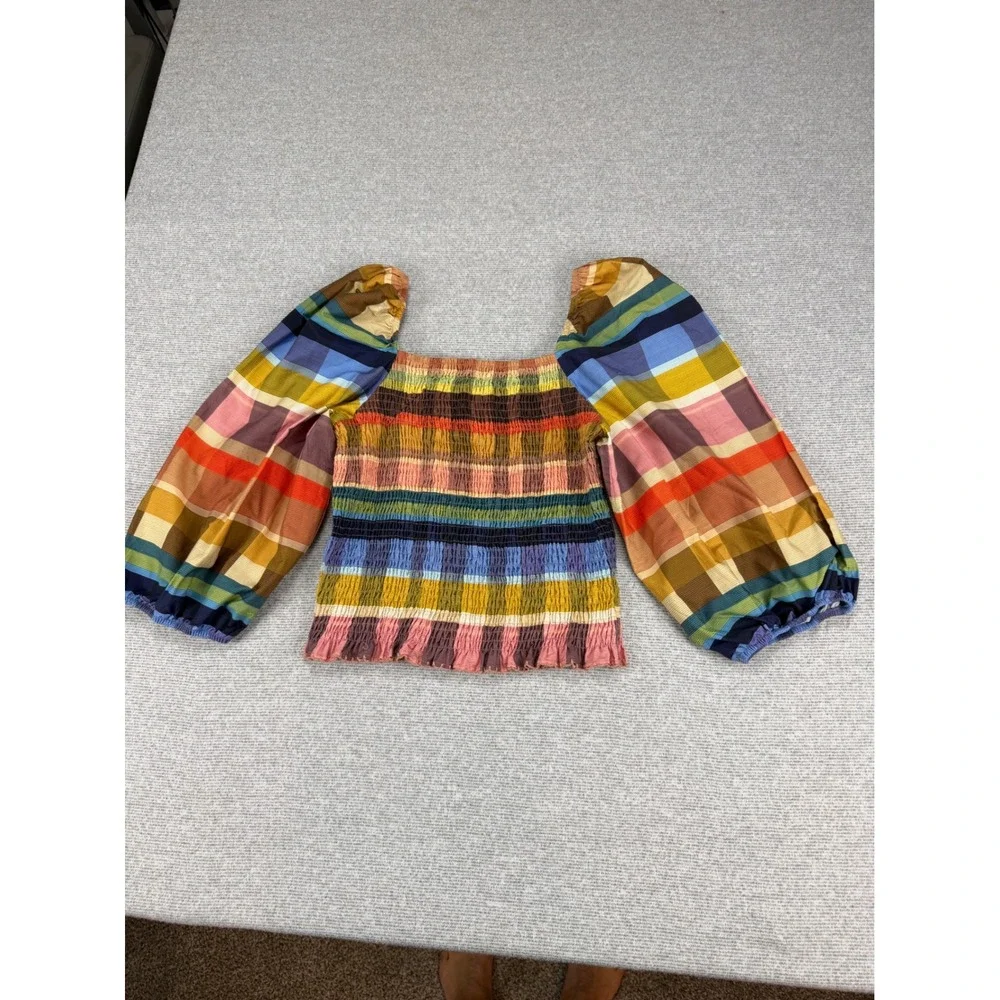 Farm Rio Rainbow Plaid Smocked Puff Sleeve Cotton Top Square Neck Multi Color
